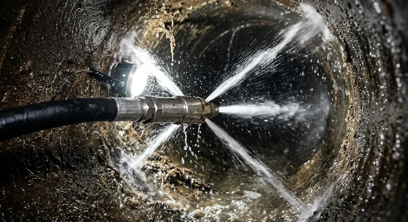 High-pressure hydro jetting nozzle cleaning sewer pipe for Sewer Cleanout in Glendora