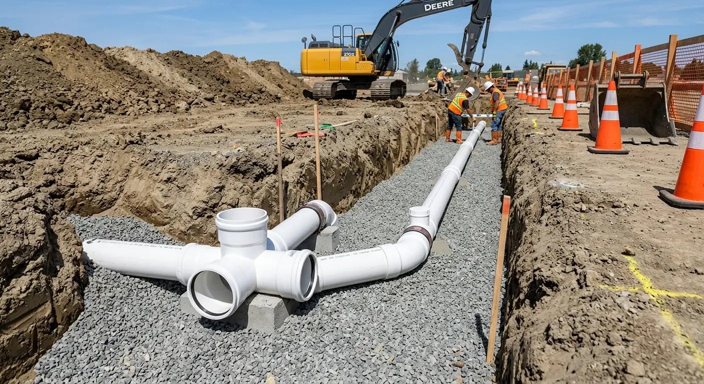 New PVC sewer pipe installation in open trench for Sewer Backup in Glendora