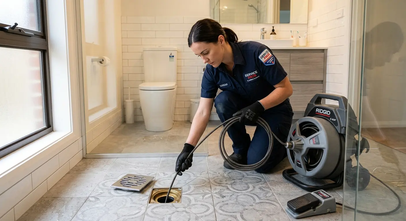 Technician clearing a bathroom floor drain for Clogged Drain Repair in Glendora